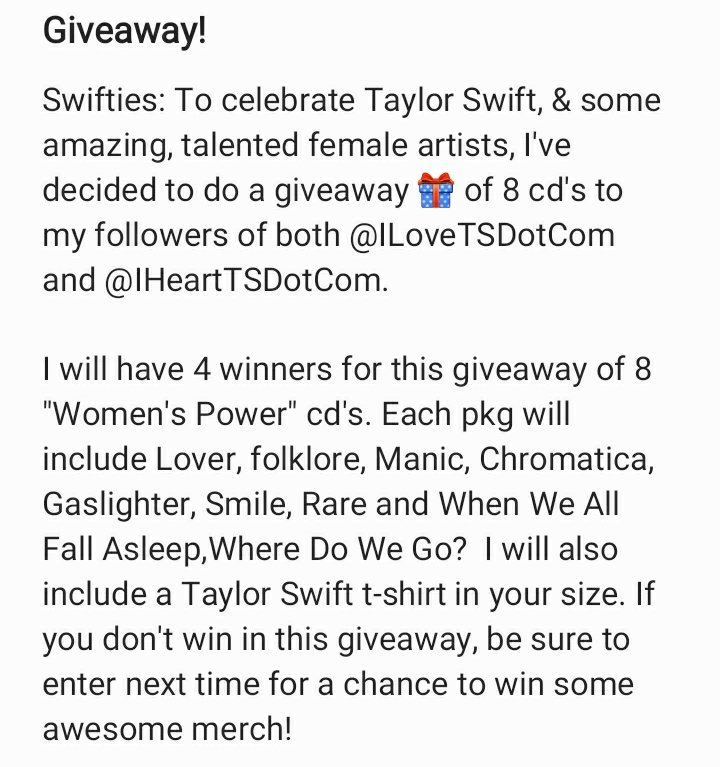  #Swifties: To celebrate  #TaylorSwift  , & some amazing, talented female artists, I've decided to do a  #giveaway  of 8 cd's & TS t-shirt to my followers of both  @ILoveTSDotCom &  @IHeartTSDotCom. @taylorswift13  @billieeilish @halsey  @selenagomez  @thechicks  @ladygaga  @katyperry  https://twitter.com/IHeartTSDotCom/status/1317682095376928769