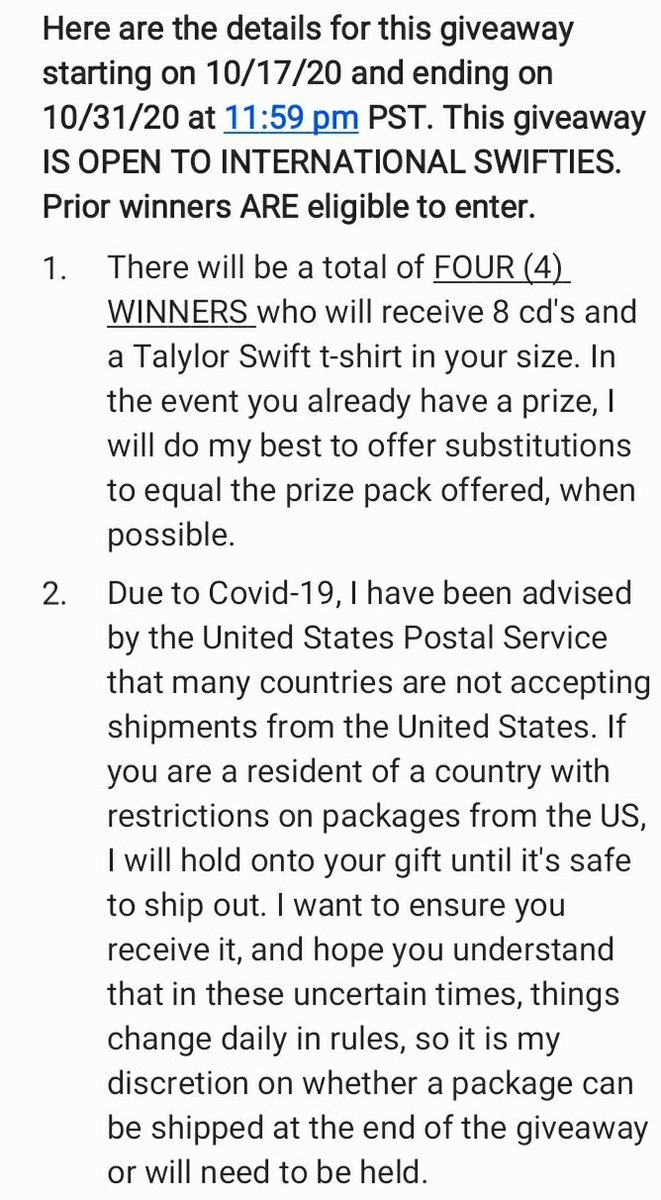 Here are the details for this giveaway starting on 10/17/20 and ending on 10/31/20 at 11:59 pm PST. This  #giveaway IS OPEN TO INTERNATIONAL FOLLOWERS. Prior winners ARE eligible to enter. Good luck! #Swifties  #TaylorSwift    #Halsey  #BILLIEELISH  #SelenaGomez  #LadyGaga  #KatyPerry