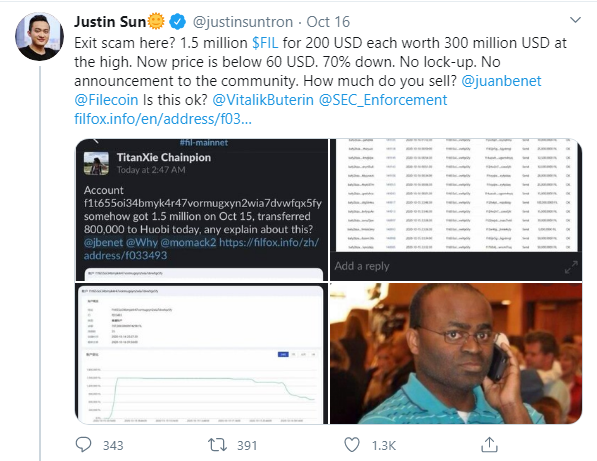Meanwhile, while all the coins are supposedly vested for periods ranging from 6months minimum to 6y for the team tokens, 1.5M  $FIL where sent to Huobi and OkEx, issue ironically raised by Justin Sun. (17/n)