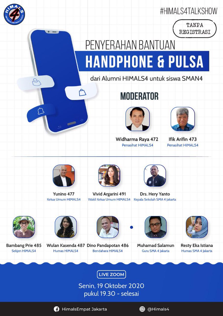 *Penyerahan bantuan Handphone dan Pulsa Data dari HIMALS4 (Alumni SMAN4) untuk siswa SMAN4 Jakarta*

Senin, 19 Oct 2020 - 19:30 WIB

Join Zoom Meeting
us02web.zoom.us/j/82116046735?…

Meeting ID: 821 1604 6735
Passcode: 903585