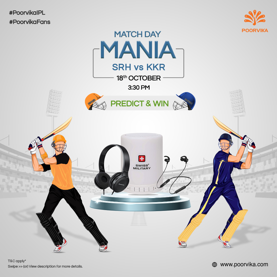 poorvika_india's tweet photo. Take part in the #PoorvikaIPL alongside 
@SunRiser
@KKRiders 
@mipaltan 
 and 
@lionsdenkxip 
win Exciting Prizes worth 6,999* with our Match Day Mania.

More Details: https://t.co/pg6DO7z4rC

#Poorvika #PoorvikaMobiles #contest  #giveawayseptember #Boat #Panasonic https://t.co/CWy572IVS7