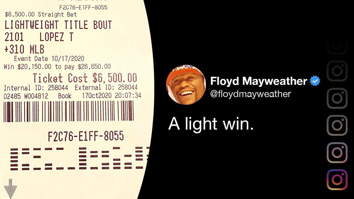 Floyd Mayweather posted his winning betting slip for a wager on Teofimo Lopez. https://t.co/WNrLjX11KC