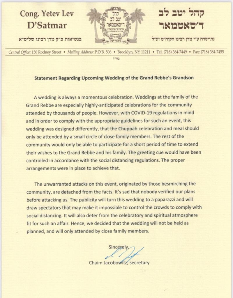 WMSBG's tweet image. The @SatmarHQ chasuna for Monday is being changed to only be for family, after coming under false attacks. The khila just issued an official statement about it. “The unwarranted attacks on this event, originated by those besmirching the community, are detached from the facts.”