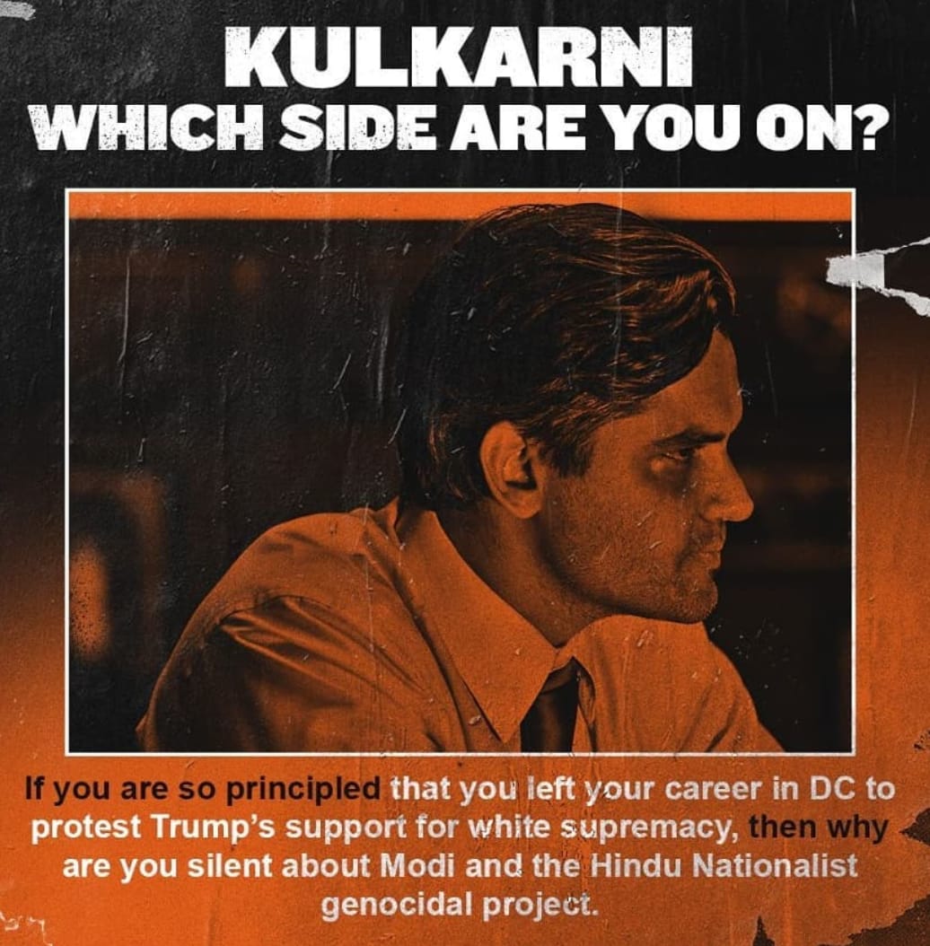 StopHindutva's tweet photo. #RSSri If you're so principled that you left your career in DC to protest Trump's support for white supremacy, then why are you silent about Modi &amp; the Hindu Nationalist genocidal project? https://t.co/lSKMiweGKz