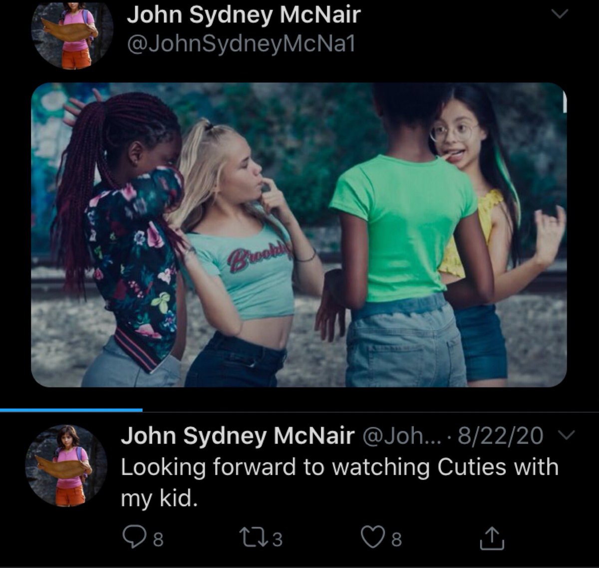 the man is apparently coding his tweets to say gross shit about kidsalso more of his facehe’s also *constantly* talking about “cuties”. how he wants to watch it WITH HIS KID. good wake up call to anyone defending that movie
