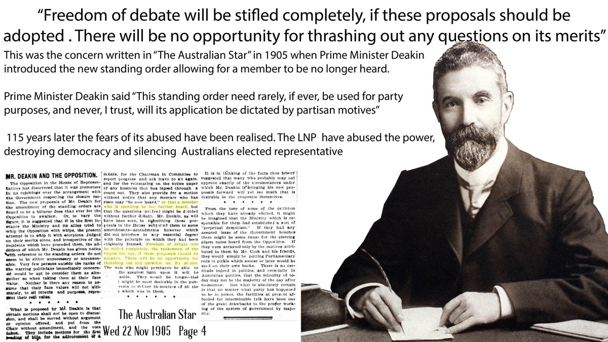 3/A story in the Newspaper in 1905 explained the potential abuse. Prime Minister Deakin said reassuringly “that it would rarely be used & not for partisan purposes” Deakin was unable to imagine 115 years later we would have the most corrupt govt in our history.  #BoycottMurdoch