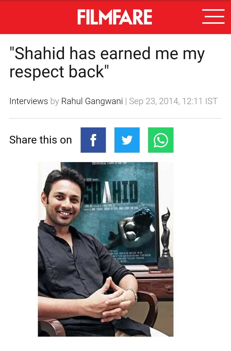 Apurvasrani's tweet photo. Though it released in cinemas on October 18th 2013, #Shahid had screened at prestigious film festivals, including @TIFF_NET, for over a year &amp; had garnered a terric response. 'Shahid' made many of us relevant again. On #7YearsOfShahid, love &amp; gratitude to @mehtahansal &amp; the team. https://t.co/0bHtEWLo8Q