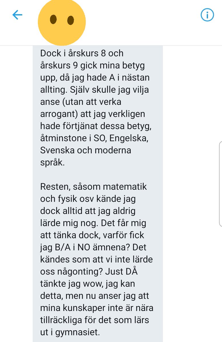 MisterMag1ster's tweet photo. En twittrare skrev i DM till mig och delade med sig av sina erfarenheter av att ha gått på IES i Jönköping.

Hen berättar om hur höga betyg hen fick på IES och att hen nu går natur i gymnasiet där hen upplever att hens kunskaper inte riktigt överensstämmer med betyget hen fick. https://t.co/ZYdwQf8Hfi