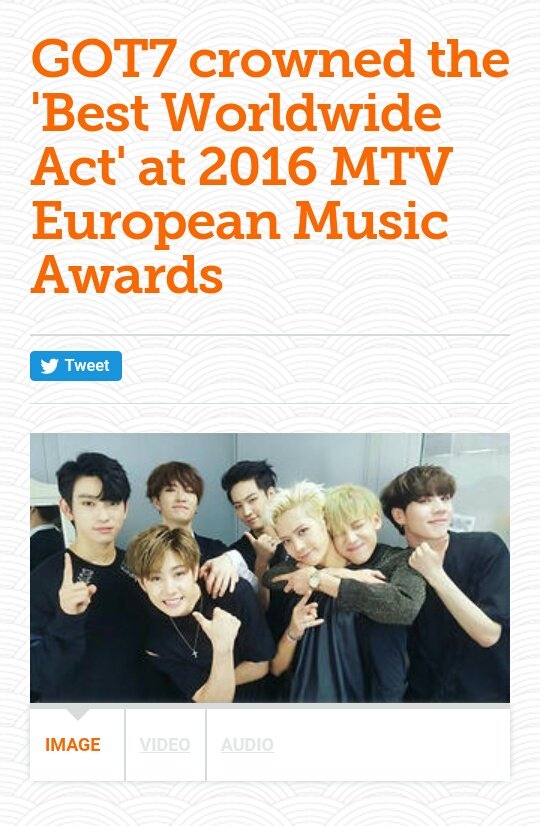  2016 MTV EMA - Best Worldwide ActGOT7 was the 1st JYP group and 2nd KPOP act to win this award @GOT7Official