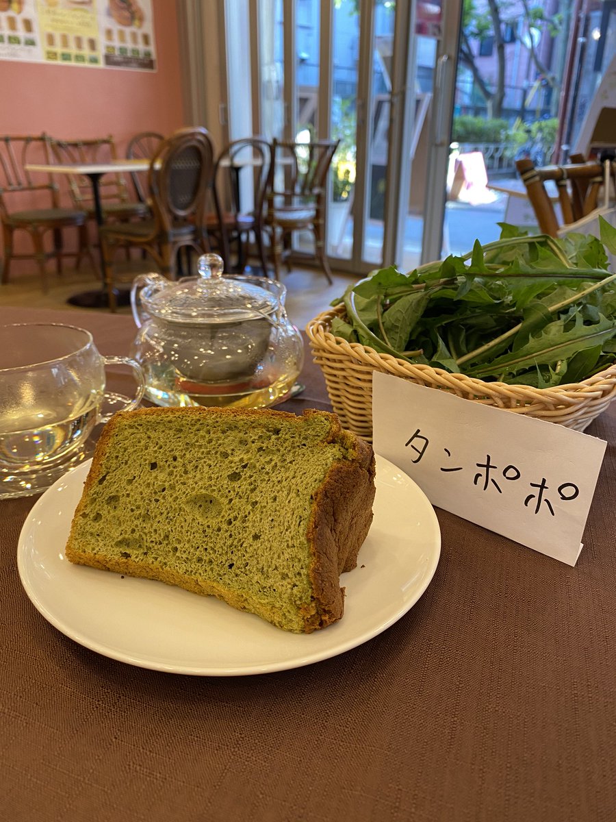 サクラホテル カフェ日暮里 人気のシフォンケーキは 今日はタンポポとヨモギをご用意してます タンポポはルテイン カロテン 鉄分を多く含んでいて ヨモギは抗酸化作用 便秘に効果ありっ サクラカフェ日暮里 日暮里カフェ 谷根千カフェ 千駄木