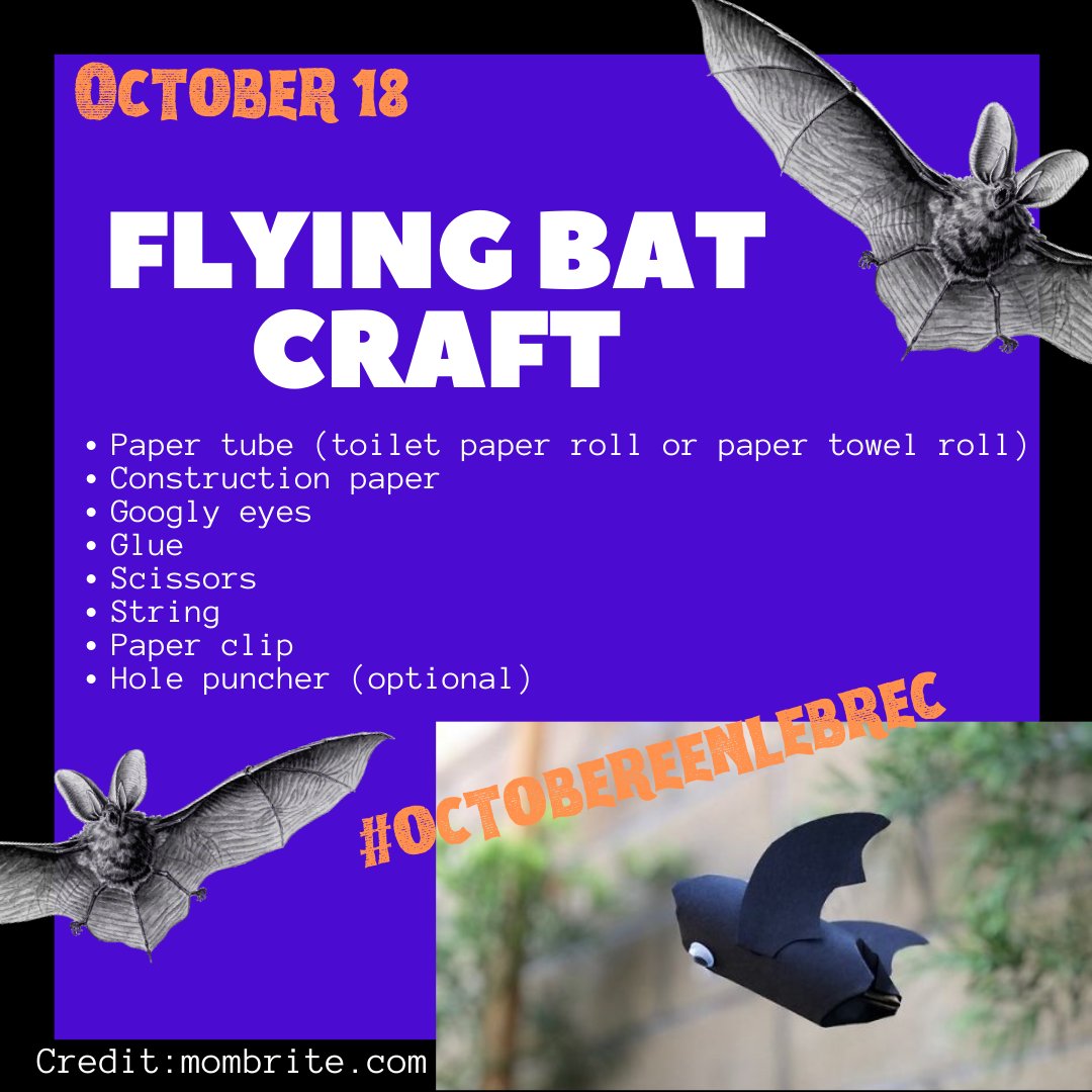 LebRecreation's tweet image. October 18: Soaring Sunday and batty craft time. Try your hand at using a toilet paper roll, some craft paper, and make more than just one color. #batsforyou #batsinyourbelfry #batcraft #batsforme