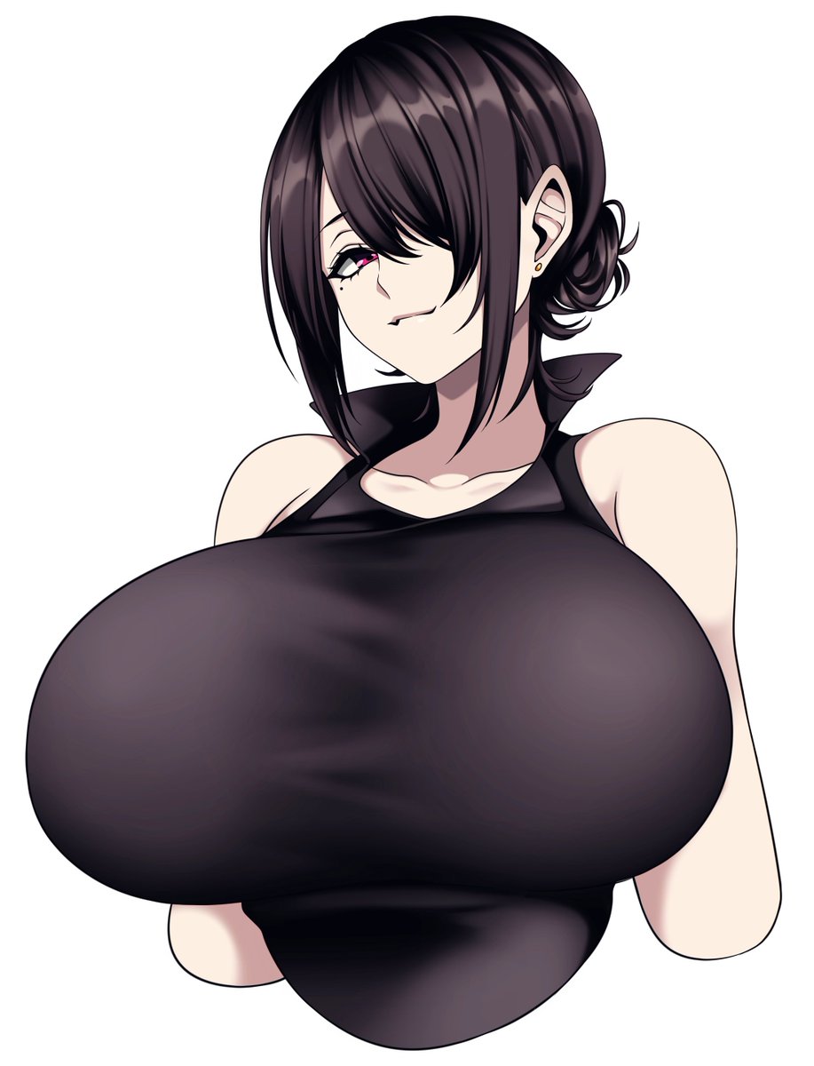 1girl bare shoulders black hair black shirt breasts earrings hair bun  illustration images