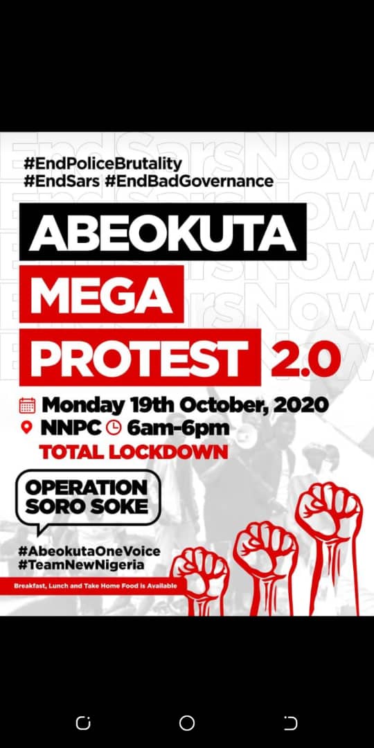 isholabaryor's tweet photo. If you're in or around Abeokuta, let's halt all our official &amp; personal schedules to be here tomorrow. Let's take back Nigeria!!!

#AbeokutaOneVoice #AbeokutaProtest #EndSARS  #EndPoliceBrutality #EndBadGovernance #TeamNewNigeria #OneVoice #SoroSoke #SoroSokeGeneration #5for5 https://t.co/1nHnTx2Gkk
