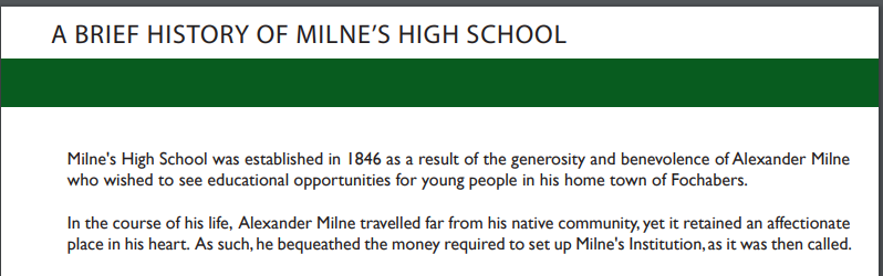 Milne's High School in Fochabers say this about their history (Dec 2019)... (19/n)