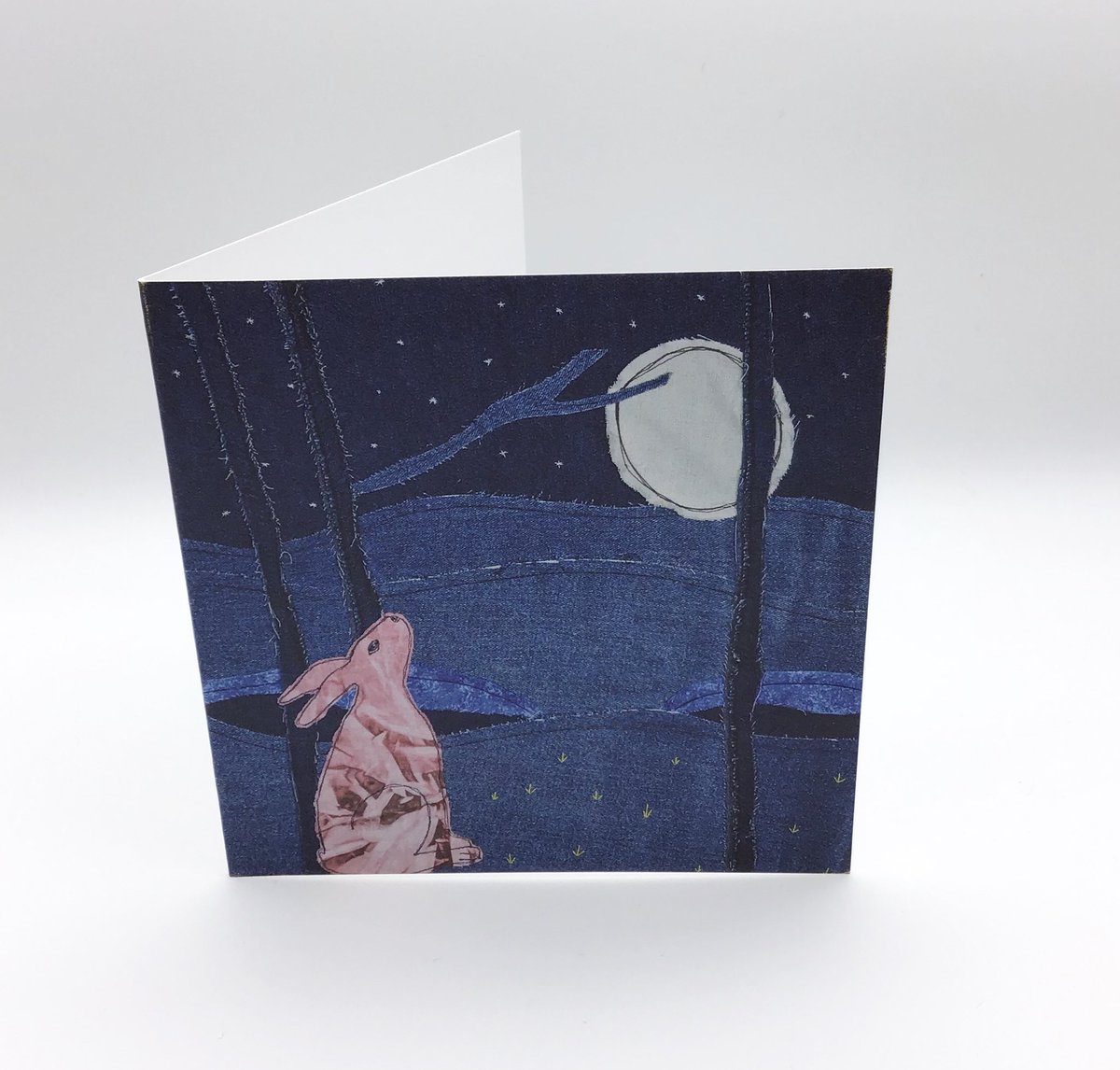 riversidecraft's tweet photo. A while back I made my version of a moon hare with old denim and my own dyed fabric. It was popular so I had some cards printed. Available in my Etsy shop. #moonhare #greetingcards #denimart #textileart #embroidery https://t.co/D5rgzK7zLg