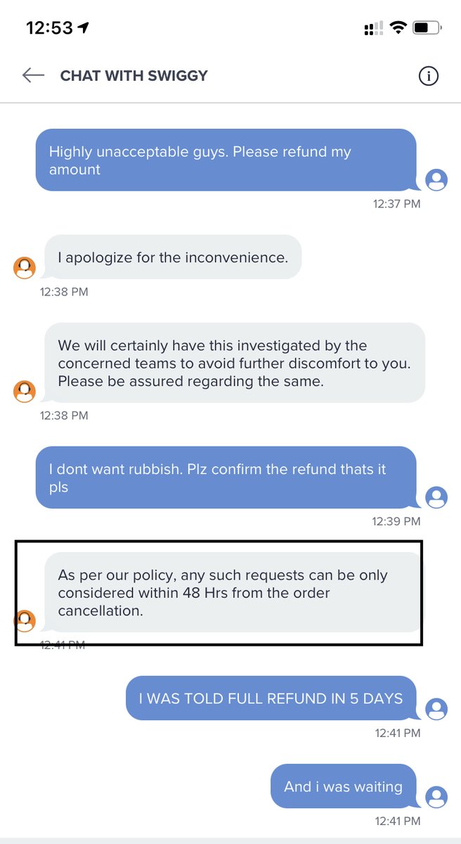 madhav14's tweet photo. @swiggy_in At the time of issue, u say order cancelled &amp; refund within 5 days. Then you silently say - whole order amount goes under cancellation fees. After 5 days when we ask - u have a 48 hour policy. Great Job Guys. Next level cheating #cheating #cheaters #CustomerExperience https://t.co/9uEGV8Ci5g