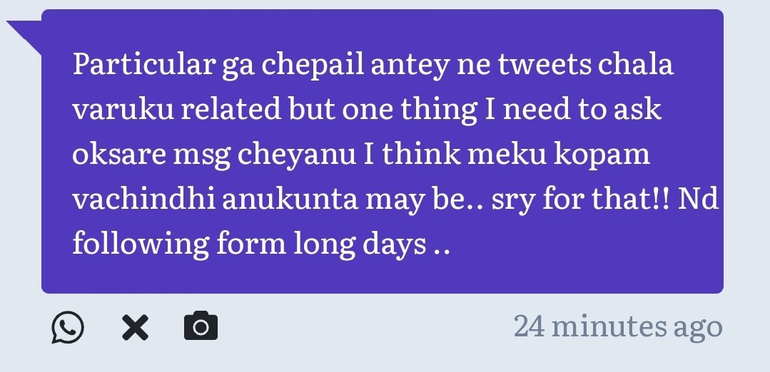 That means a lot. Thanks andiNaku twitter lo okka manishi meedha ne kopam ochindhi and pampichesam vadiniNenu mee message chudaledhu ankunta... let me know who you are. I don't think there's anything to say sorry