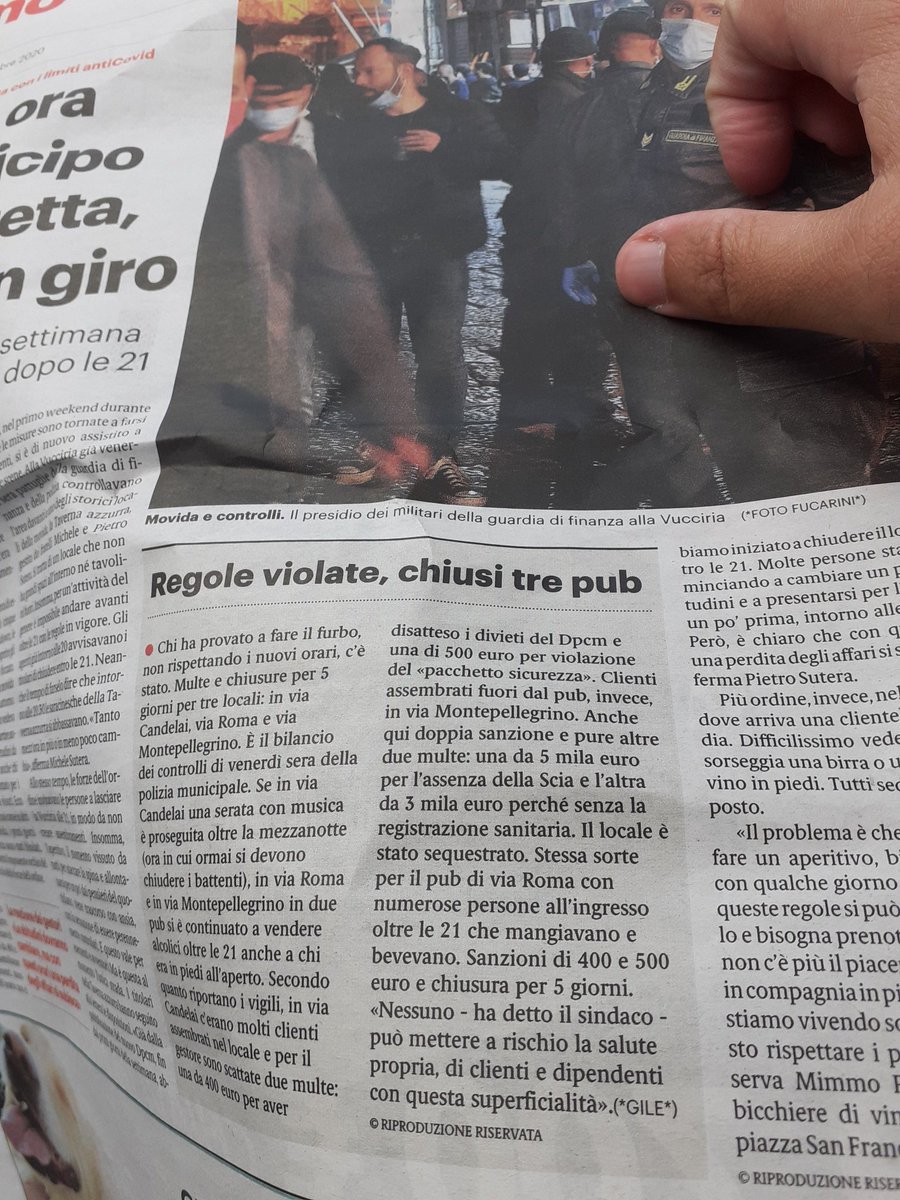 Newspaper almost reads as a "Covid bulletin for Sicily".Bars have to stop selling alcohol after 9PM, this was the first weekend the new norm was enforced.3 pubs in Palermo closed for non-compliance.5/n