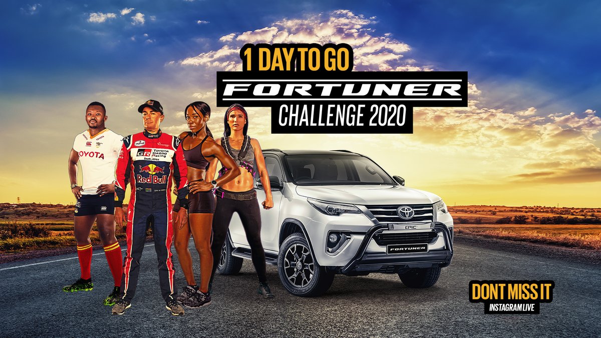 ToyotaSA's tweet photo. ONE DAY TO GO until the #FortunerChallenge 2020 kicks off! Catch it all on our Instagram page https://t.co/7pbXsaiMYQ to see our teams battle it out. Comment below with your hero’s hashtag & you could win a Fortuner! #BackJunior #BackHanneke #BackGiniel #BackMapule https://t.co/7IPHPf0bMU