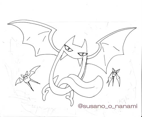 すさノお ポケモンとかのイラストを描く ゴルバットさん 線画描いてみた 線画塗ってみたの図 ポケモン ポケモンイラスト