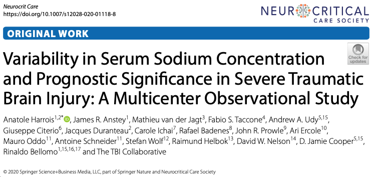 𝙑𝙖𝙧𝙞𝙖𝙗𝙞𝙡𝙞𝙩𝙮 in serum sodium concentration after #TBI associated with increased 28-day #ICU mortality

Lot to unpack... but pay attention to sodium trends in these patients
doi.org/10.1007/s12028…