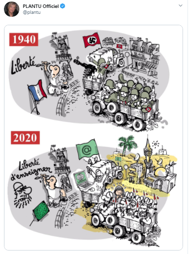 JoCroitoru's tweet photo. Heftig: 
#Karikaturist von #LeMonde malt sich nach dem islamistisch motivierten Mord an #SamuelPaty eine Invasion #Frankreich durch #Dschihadisten aus &amp; vergleicht sie mit dem #deutschen/#nationalsozialistischen Überfall 1940

Reaktionen darauf sind geteilt
#Islamismus #Islambild https://t.co/DwI7QYE9fS