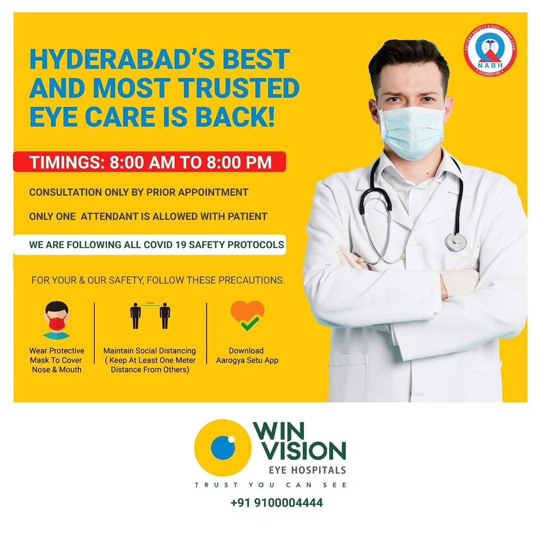 HospitalsWin's tweet photo. For your convenience, Win Vision Eye Hospitals, Begumpet, is now working full time from 8 am to 8 pm. For an Appointment call 9100004444
#WinVision #EyeHospital #Eyecare #Vision #Lasik #Surgery #lasiksurgery #eye #Begumpet #Hyderabad https://t.co/Cxy8TZVcz5