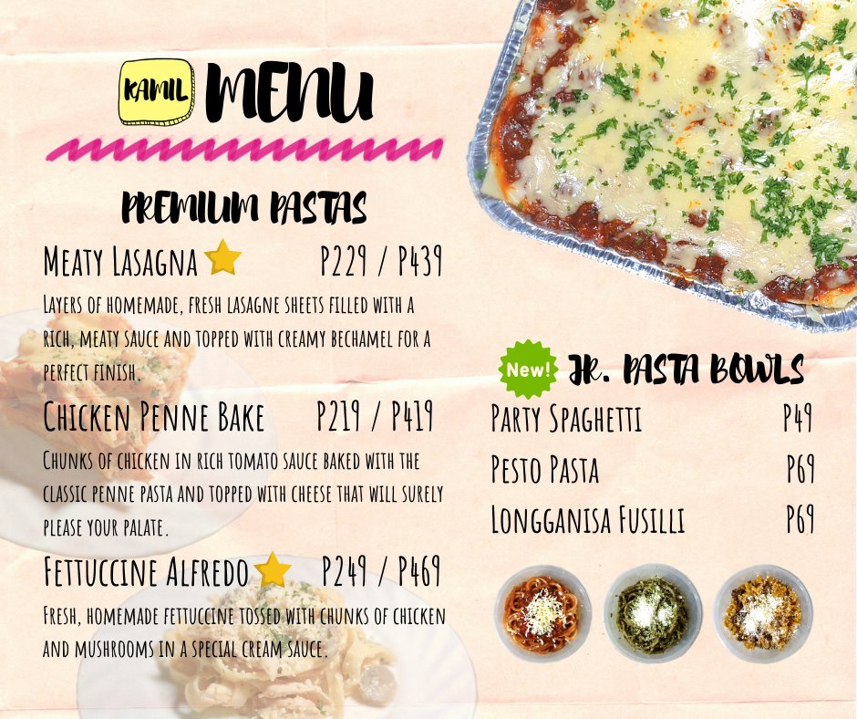 KamilCooks's tweet photo. Second-guessing that order because of your limited budget? Worry no more!😊

Presenting the new and improved #KamilMenu with our new pasta offerings, the JR. PASTA BOWLS! Quality pastas at affordable prices!

What else are you waiting for? 
PLACE YOUR ORDERS NOW! 😊💕 https://t.co/6Ud76rTjv2