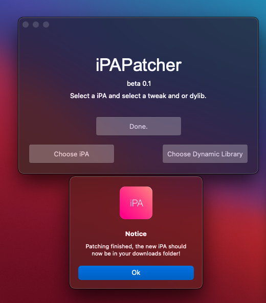 Yalujb's tweet image. iPAPatcher - Tweak any IPA with any dylib that is a tweak or your own custom one (dev - @_bplank). Available on github.com/brandonplank/i… #ipa #patcher