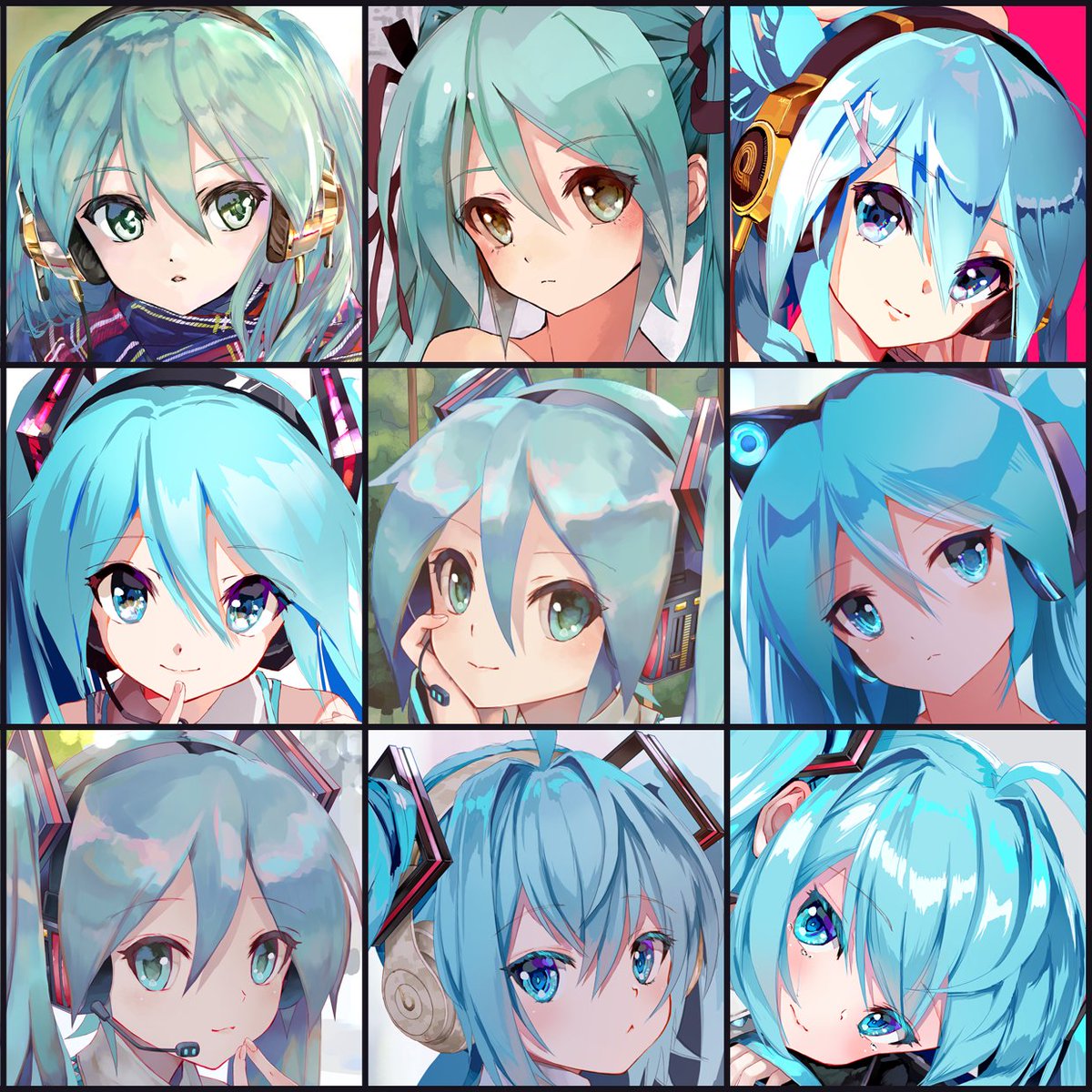 hatsune miku headphones twintails aqua hair hair ornament looking at viewer aqua eyes smile  illustration images