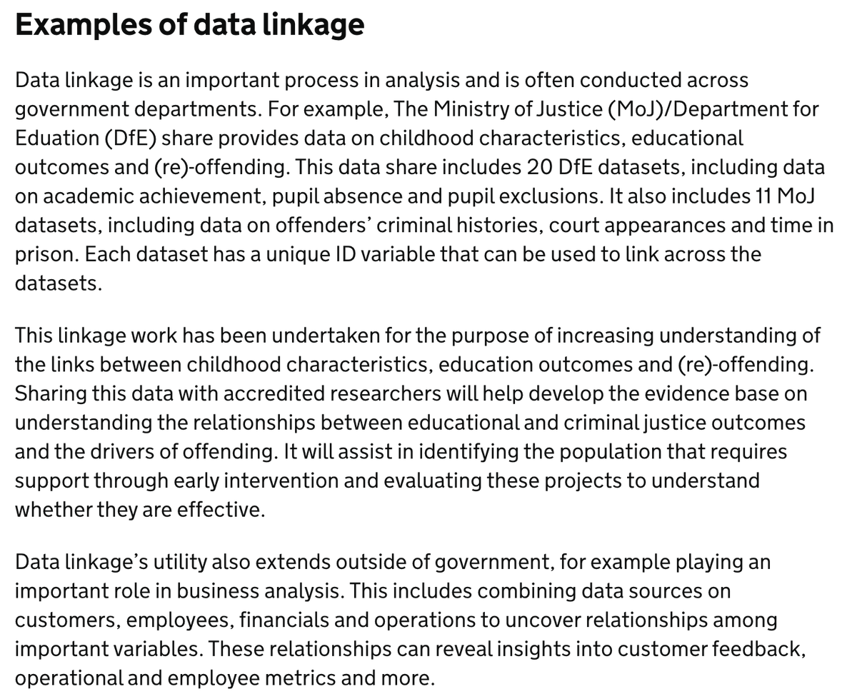 What exactly is data linkage across government? Well, it sets it out quite clearly in this example of data sharing between the MoJ and DfE to increase "understanding of the links between childhood characteristics, education outcomes and (re)-offending…"