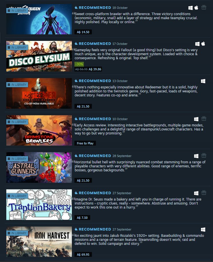 Time for another curation showcase!

Featured: <a href="/killerqueenblk/">Killer Queen Black</a>, <a href="/studioZAUM/">ZA/UM Studio | Disco Android Out Now!</a>, <a href="/SobakaStudio/">Sobaka Studio</a>, <a href="/BrimstoneGame/">BrimstoneGame</a>, <a href="/AstralGunners/">Astral Gunners</a>, <a href="/properbostin/">Jon Properbostin</a> &amp; <a href="/KingArtGames/">KING Art Games (Iron Harvest)</a>     

For more niche curation, follow me at: store.steampowered.com/curator/274400…