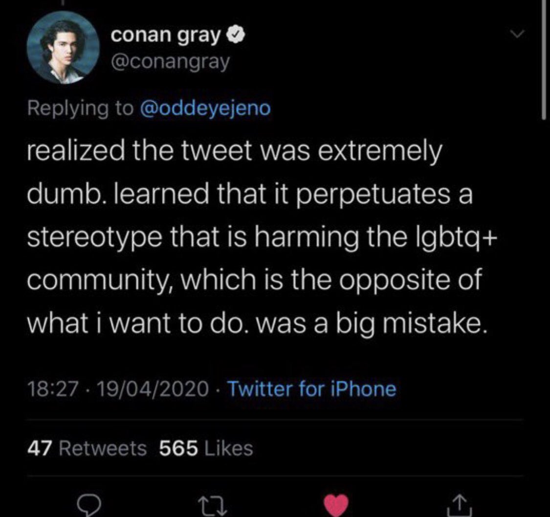 3. the lesbian situation in 2018 Conan tweeted saying that “he was a lesbian” (tweet down below), i as a lesbian don’t particularly think that was hurtful, but that is my opinion. He apologized for these tweets (down below) Calling Conan “homophobic” -