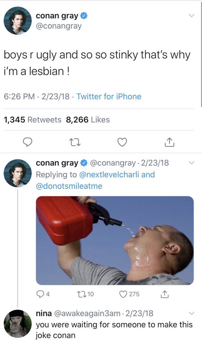 3. the lesbian situation in 2018 Conan tweeted saying that “he was a lesbian” (tweet down below), i as a lesbian don’t particularly think that was hurtful, but that is my opinion. He apologized for these tweets (down below) Calling Conan “homophobic” -