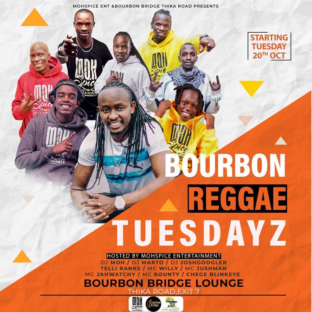 You’ve Been Asking For It and We Heard You..... STARTING this TUESDAY 20TH OCT &lt;&lt;&lt;MASHUJAA DAY&gt;&gt;&gt; Catch Us Live at BOURBON BRIDGE &lt;&lt;Thika Road, Roasters&gt;&gt; From 1PM Till Late...GOOD SOOTHING REGGAE TUNES from the @mohspiceent Crew..... Link Up... #LessTalkMoreMuzik.....