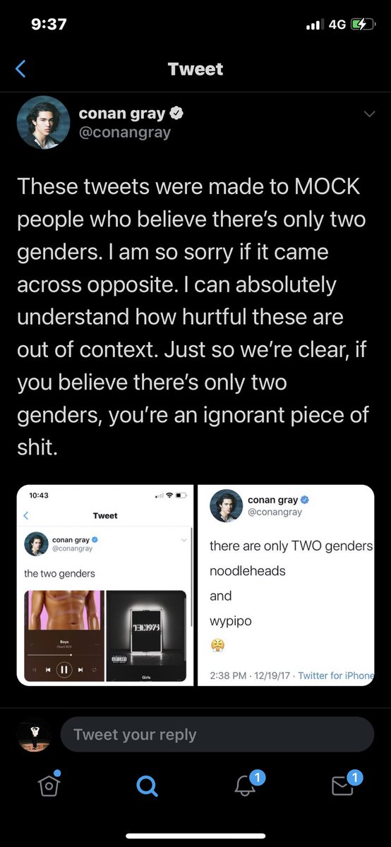 5. two genders situation Conan tweeted these things to mock people who thought there were 2 genders. at the time of these tweets people did that a lot. so this was mostly taken out of context. Conan supports non-binary/trans lives and has supported this on his -