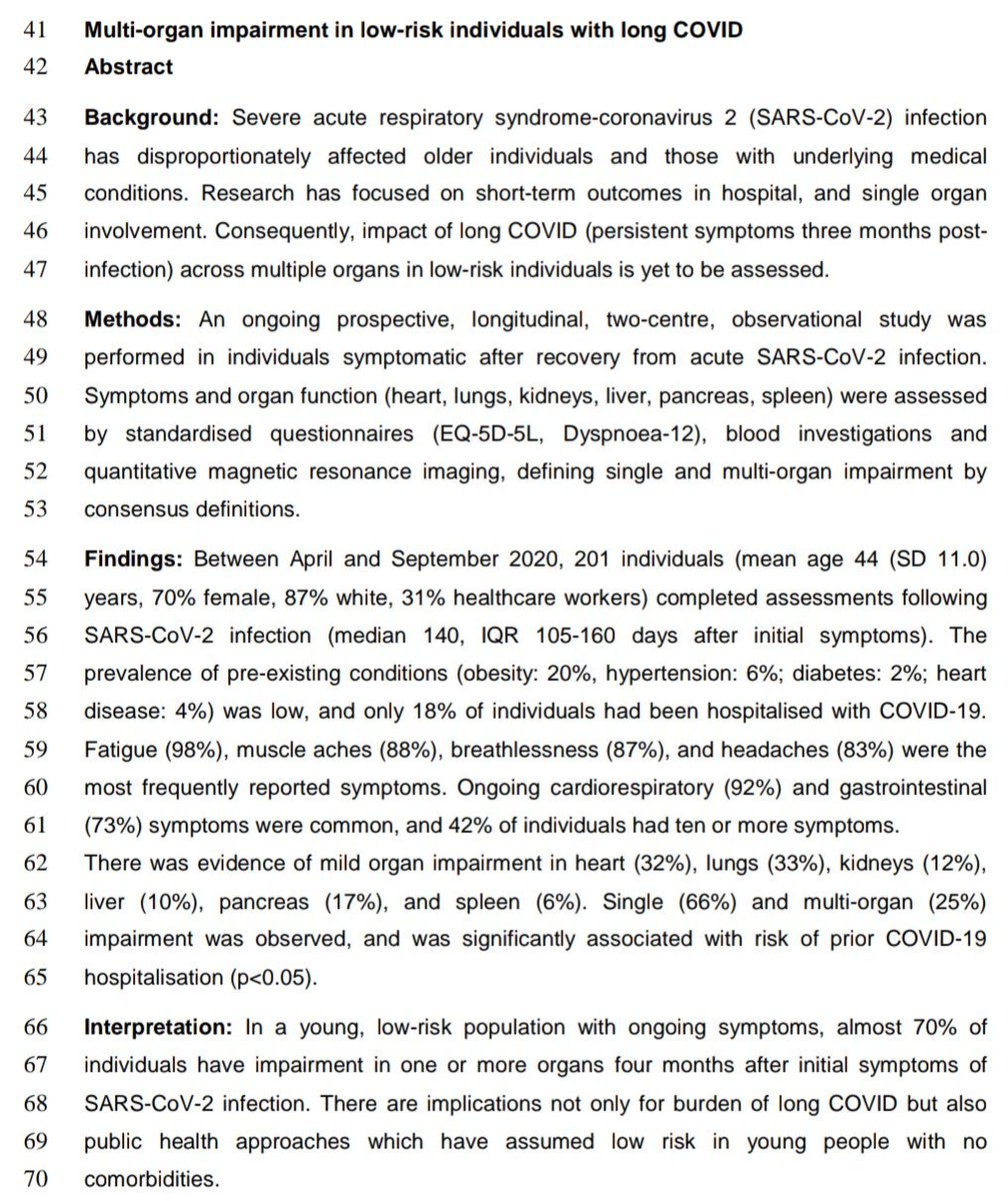 Post-acute "long COVID-19" mostly presents with fatigue, myalgia, shortness of breath, and headaches.The most affected organs are the heart and lungs. Impairment is often worse in formerly hospitalized cases. Neurological testing was not performed. https://www.medrxiv.org/content/10.1101/2020.10.14.20212555v1.full.pdf