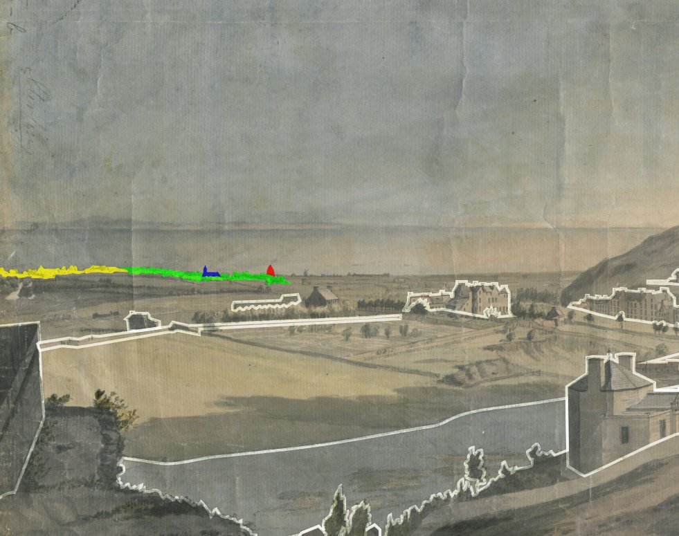 On the shores of the Forth we can see North Leith and Newhaven (yellow), South Leith (green), St. Mary's Kirk (blue) and the first of the glassworks cones (red). Not marked to the right of the glass cone is a windmill and the long, low huts of the ropeworks.