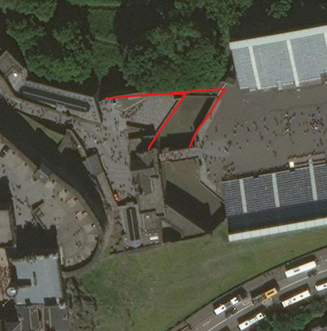 Let's start on the left. First up we see the "North Flanker" of the Castle's outer defences, one of a pair of arrowhead bastions defending the outer gatehouse still there (in a remodelled manner) to this day.