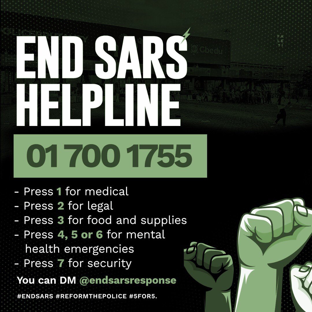 Mochievous's tweet photo. We have a Helpline. Call 01 700 1755.

If someone is missing from a protest or was arrested at a protest, please PRESS 2. 

#EndSARS https://t.co/NzrnVEhOPk