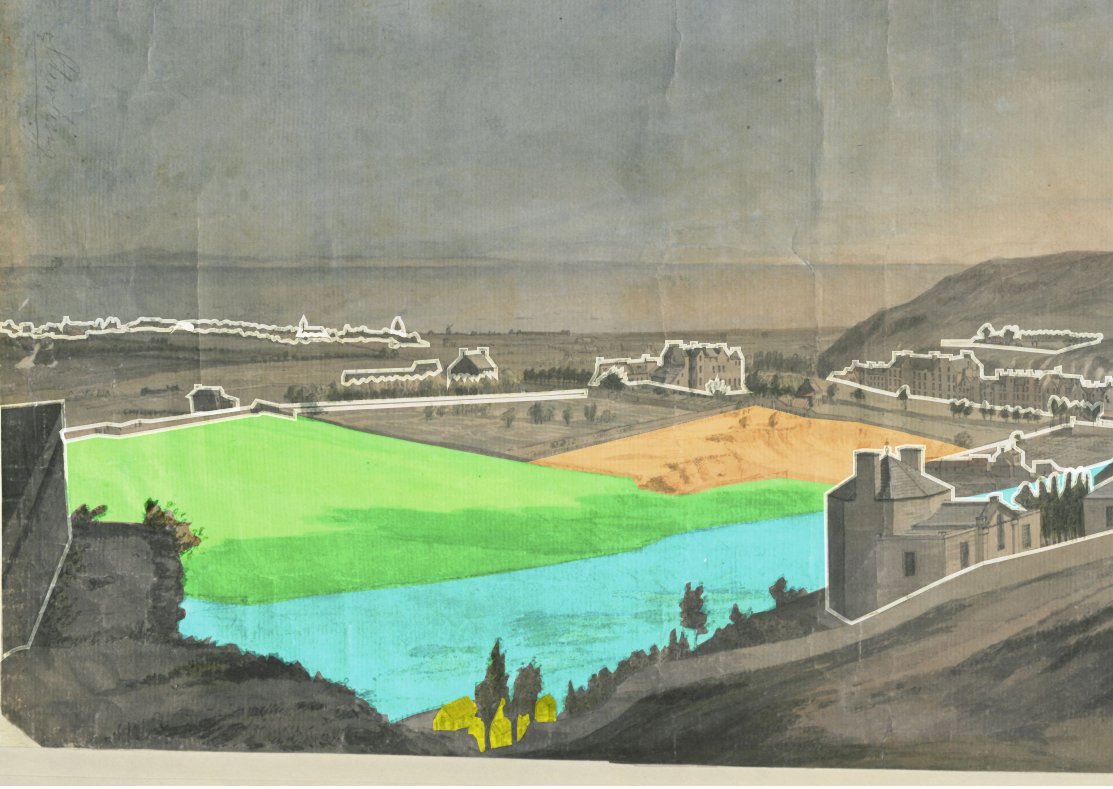 South of the Lang Dykes is the area of fields and parkland (green) known as the "Barefoot's Park", and beyond that fancifully blue area of the Nor' Loch. At this point it would have been a partially drained swamp. In orange is an area of quarrying where the Waverley Mall now sits