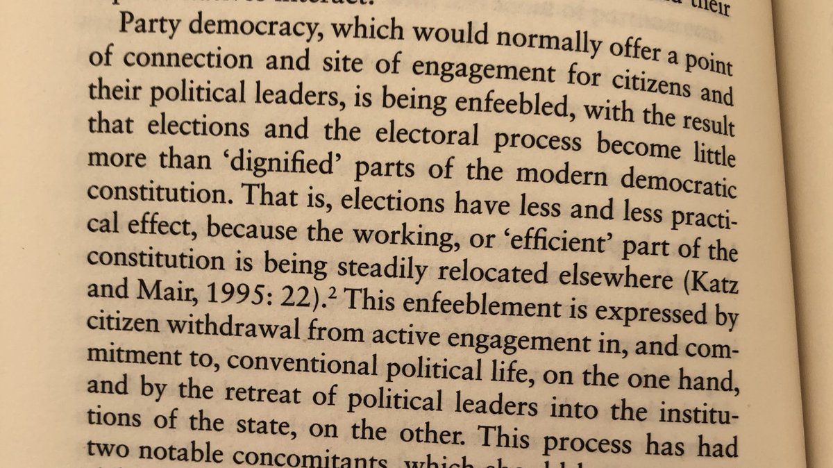 I feel like Nigel Farage could have written this if he was a politics professor. “Elections have less practical effect because the working, effective part of the constitution is steadily being located elsewhere”