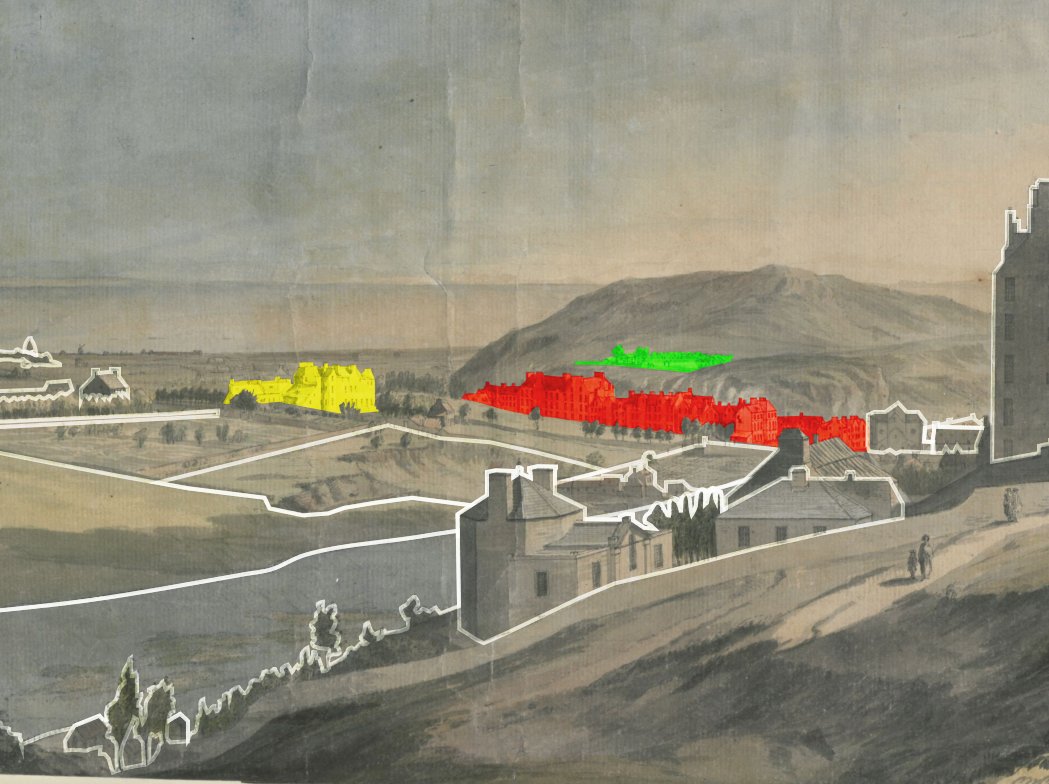 In yellow is the collection of houses known as Moutrie's or Multer's Hill (now Multrees), roughly where the Register House was soon to be built. In red, the tenements of the Low Calton. And on the hill (green) the original Calton Burial Ground, later cut through by Waterloo Place