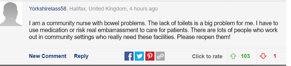 LoocationsUK's tweet photo. Having open public toilets is so important.

And if you think it's just a daft cause, read the stories and comments in the Mail on Sunday's follow-up to last weekend. 

WE NEED TO #SAVEOURLOOS🚽 https://t.co/dPCA3WrW6J