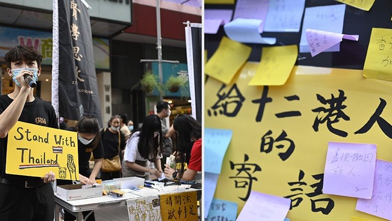 Activists from Student Politicism set up street booth once again, not only displaying photos taken during #HKProtests, but also encouraging people to leave supporting messages to #12HKyouths and to #standwithThailand.

Photo: Stand News @StandNewsHK fb.com/standnewshk/ph…