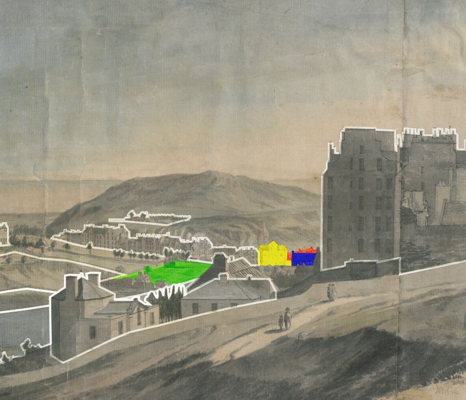 At the head of the Nor' Loch is the Physick Garden, where medicinal herbs and plants were cultivated - a direct fore-runner of the  @TheBotanics. By it are Trinity College Kirk (yellow) and Hospital (blue) and behind (red) is Paul's Work, a charitable poorhouse cum hospital