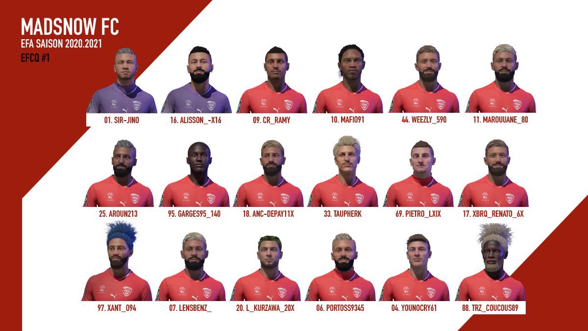 La liste d’un de nos clubs eFoot 11v11 (23/44) ⚽️🗒

<a href="/MadsnowFC/">Madsnow FC 🐺</a> nous dévoile l’effectif qui viendra défier les autres association esportive sur le parcours eFoot 11v11. 

📊 Sondage en commentaire. 

<a href="/eSportFA_FR/">ESPORT FOR ASSOCIATIONS</a>