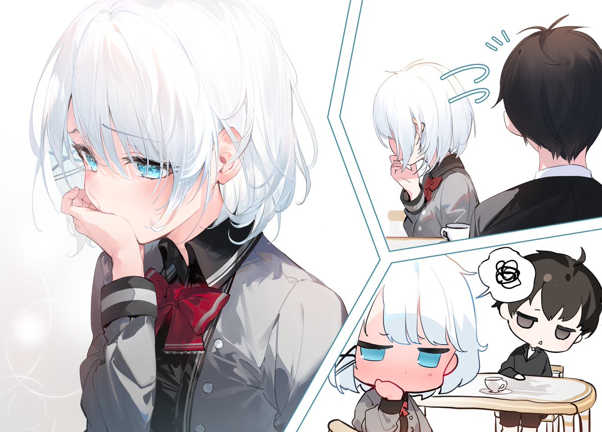 1girl 1boy blue eyes white hair cup jacket short hair  illustration images