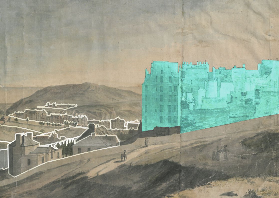 On the right in blue are the tall tenements (at least 9 or 10 storeys tall) of the Castlehill. The lower structures are clearly damaged, perhaps from the brief siege of the '45 when the castle's guns were turned on the Jacobites.