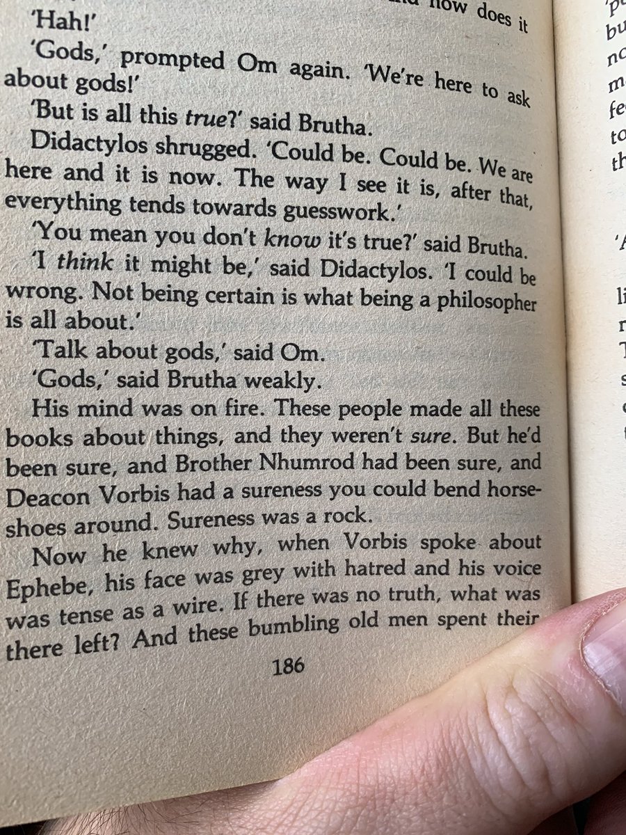 Pratchett’s people like Vorbis are villains because their sureness about the world is what makes them do whatever they like